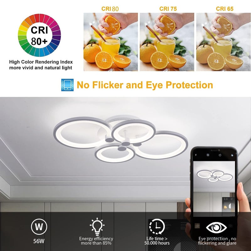 Ganeed Dimmable Modern Ceiling Light,Metal Acrylic LED Flush Mount Ceiling Light Fixtures,56W LED Chandelier Light Fixture for Living Room Kitchen Bedroom Dinner Room,3000-6500K - Image 3